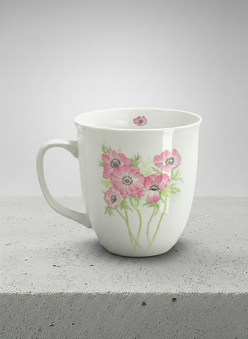 Ronny Mug | Dancing in Spring left view mug showing delicate pink flowers by Alice Wong - Gallery By Inhesion