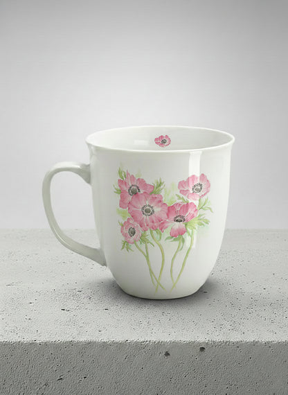 Ronny Mug | Dancing in Spring left view mug showing delicate pink flowers by Alice Wong - Gallery By Inhesion