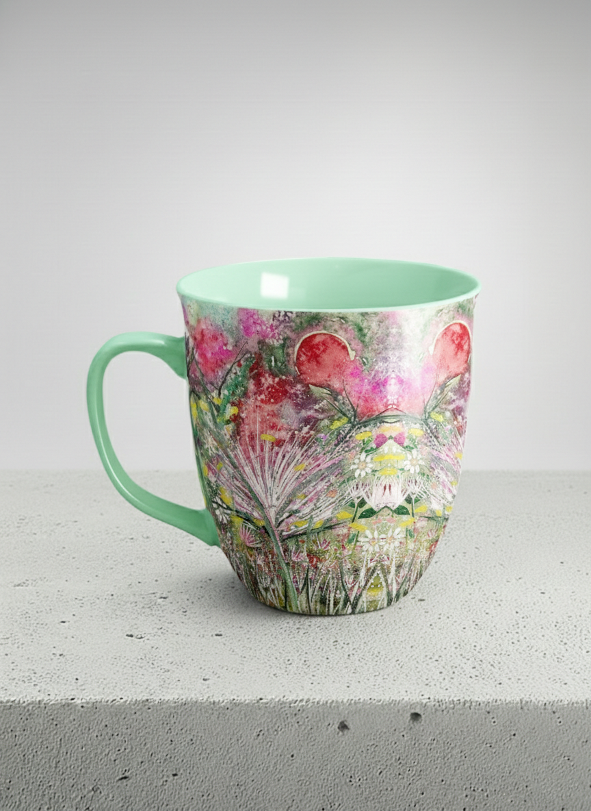 Ronny Mug | Garden Mantra left view mug with a vibrant floral design and colorful abstract pattern by Renee Pupetz - Gallery By Inhesion