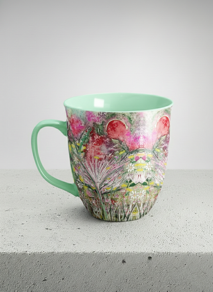 Ronny Mug | Garden Mantra left view mug with a vibrant floral design and colorful abstract pattern by Renee Pupetz - Gallery By Inhesion