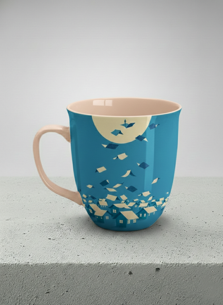 Ronny Mug | House of Wings left view mug with whimsical house roof flying over a night cityscape by Tang Yau Hoong - Gallery By Inhesion