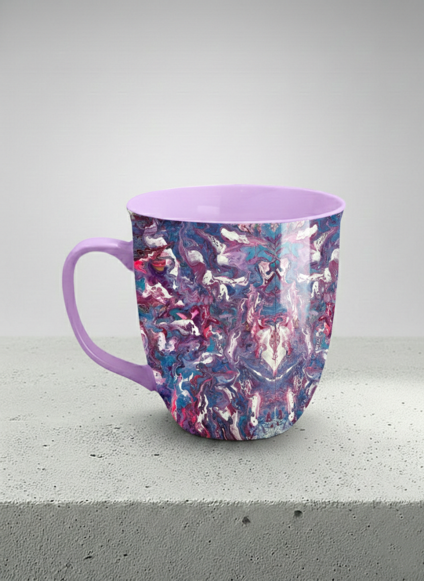 ronny Mug | Blush Bloom left view mug with a vibrant, marbled pattern in pink and blue hues by Renee Pupetz - Gallery By Inhesion