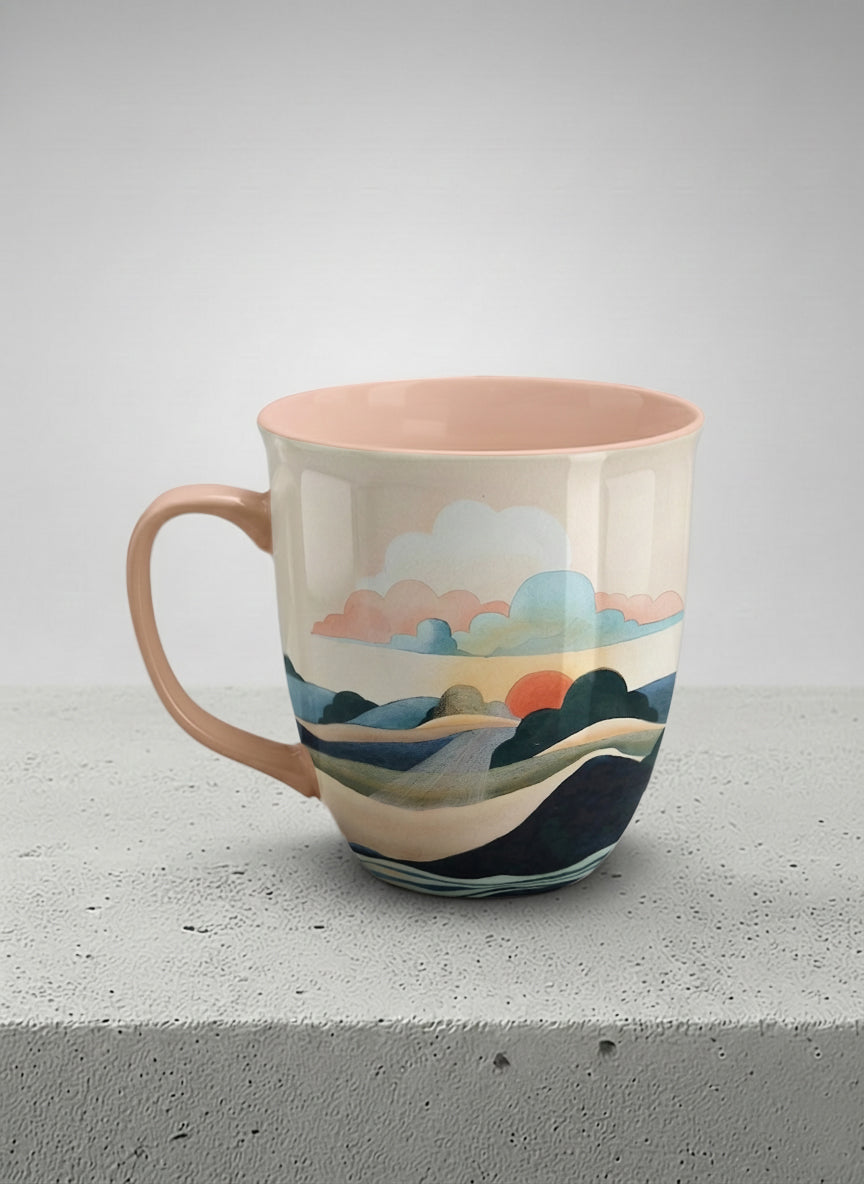 Ronny mug | Sunset at the River left view mug rolling hills and dark treetops beneath a soft peach sky with blush and teal clouds and a glowing setting sun, warm peach interior and handle, by KikaG - Gallery By Inhesion