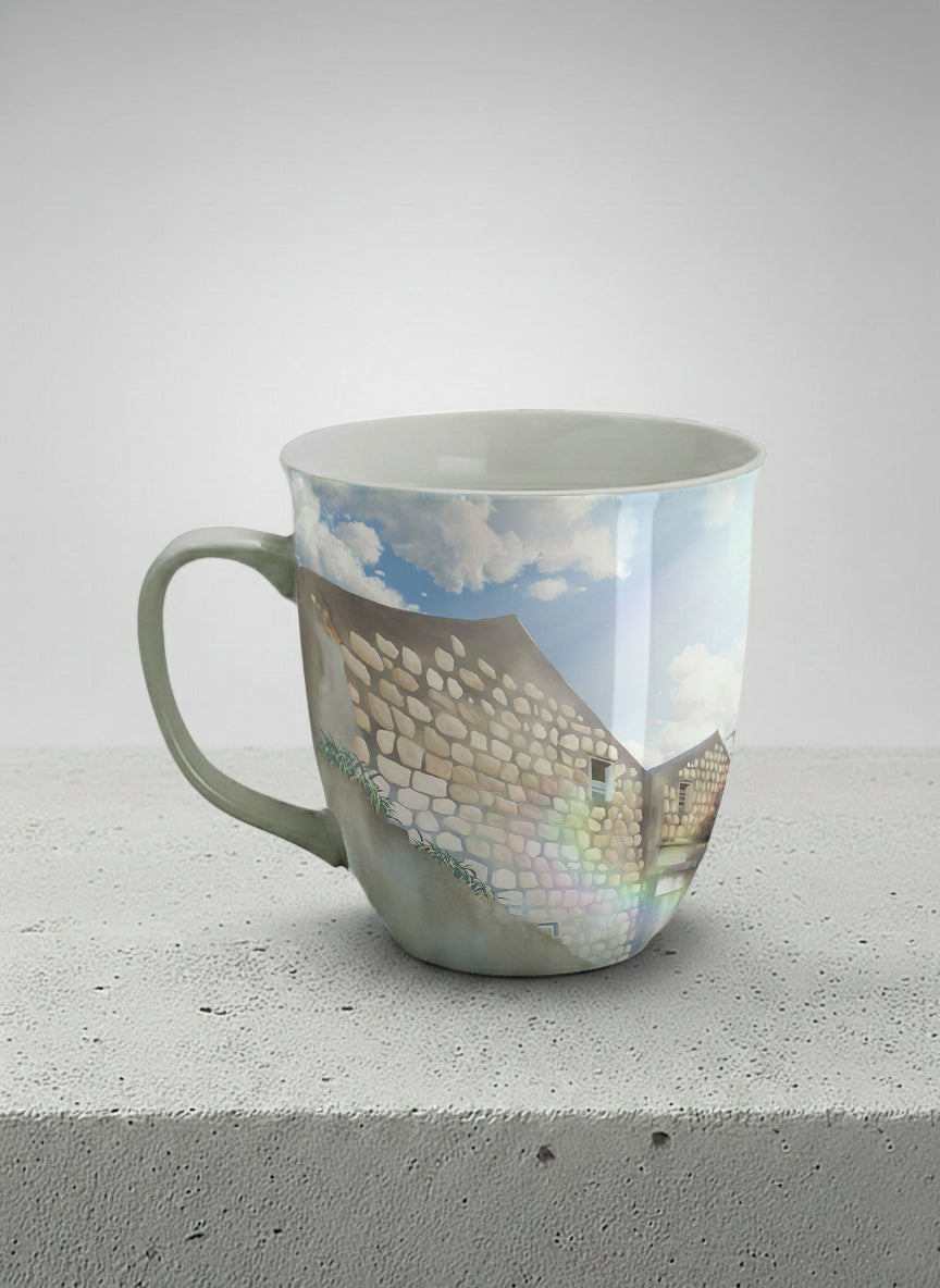 Ronny Mug | The Timeless Facade left view mug ancient stone walls rising under a bright blue sky with soft drifting clouds, clean pearl white interior and handle,  by Samuel Kwok Gallery By Inhesion
