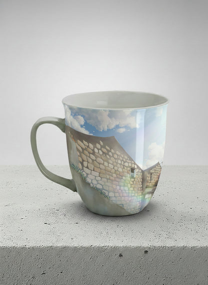 Ronny Mug | The Timeless Facade left view mug ancient stone walls rising under a bright blue sky with soft drifting clouds, clean pearl white interior and handle,  by Samuel Kwok Gallery By Inhesion