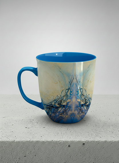 Ronny Mug | Touches of depth left view mug showing abstract pattern in blue, white, and gold by Mersedes Mein - Gallery By Inhesion