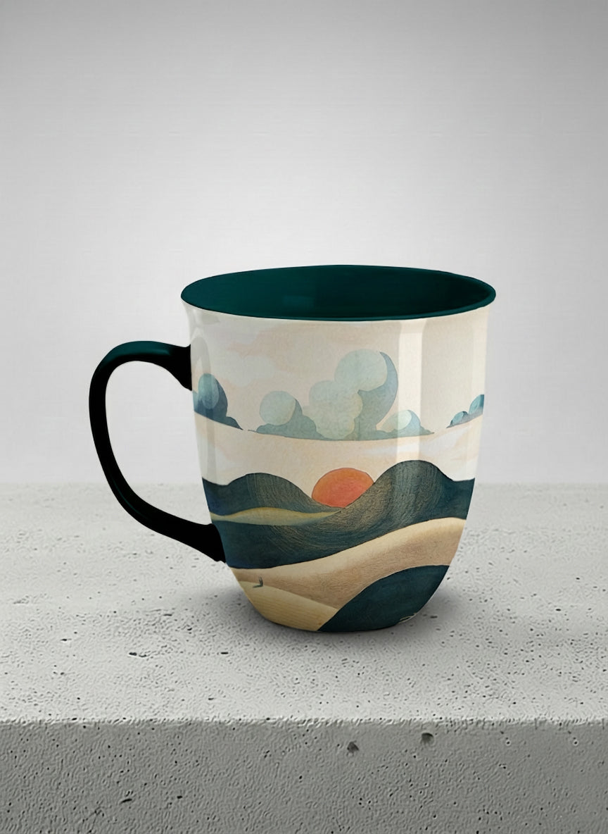 Ronny mug | Share a Sunset left view mug a lone figure walking through rolling sand dunes beneath a glowing orange sun and layered teal clouds, deep teal interior and handle, by KikaG - Gallery By Inhesion
