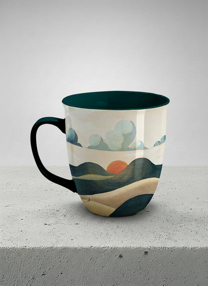 Ronny mug | Share a Sunset left view mug a lone figure walking through rolling sand dunes beneath a glowing orange sun and layered teal clouds, deep teal interior and handle, by KikaG - Gallery By Inhesion