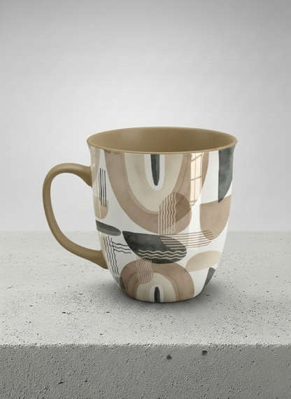 Ronny Mug | Organic Shades left view mug, earthy beige and charcoal abstract shapes, cream interior, olive handle, by Alan CL Lee - Gallery By Inhesion