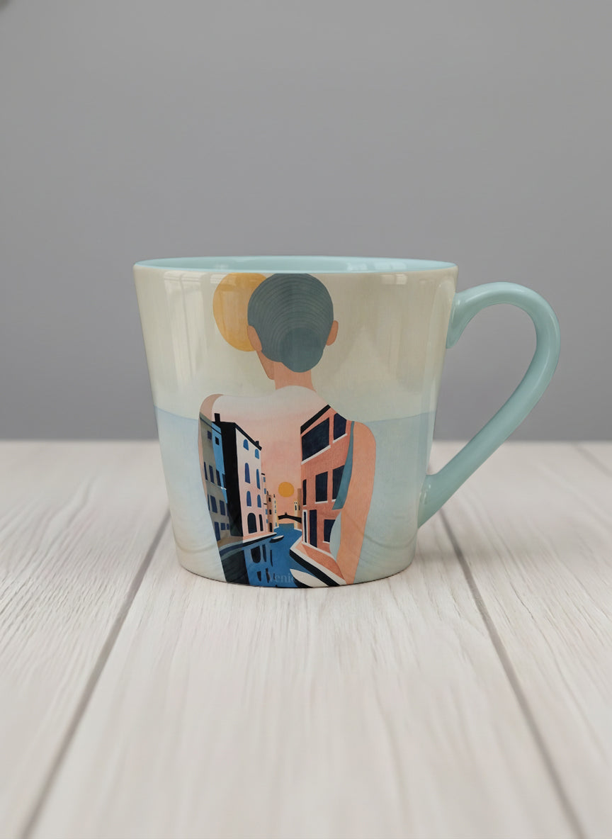 conical mug | Memory on the Bridge mug a solitary figure gazing over a sunlit Venetian canal lined with terracotta buildings, soft powder blue interior and handle, by KikaG - Gallery By Inhesion