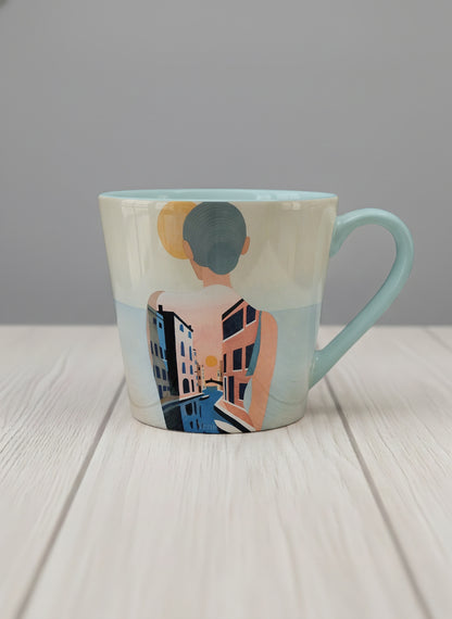 conical mug | Memory on the Bridge mug a solitary figure gazing over a sunlit Venetian canal lined with terracotta buildings, soft powder blue interior and handle, by KikaG - Gallery By Inhesion