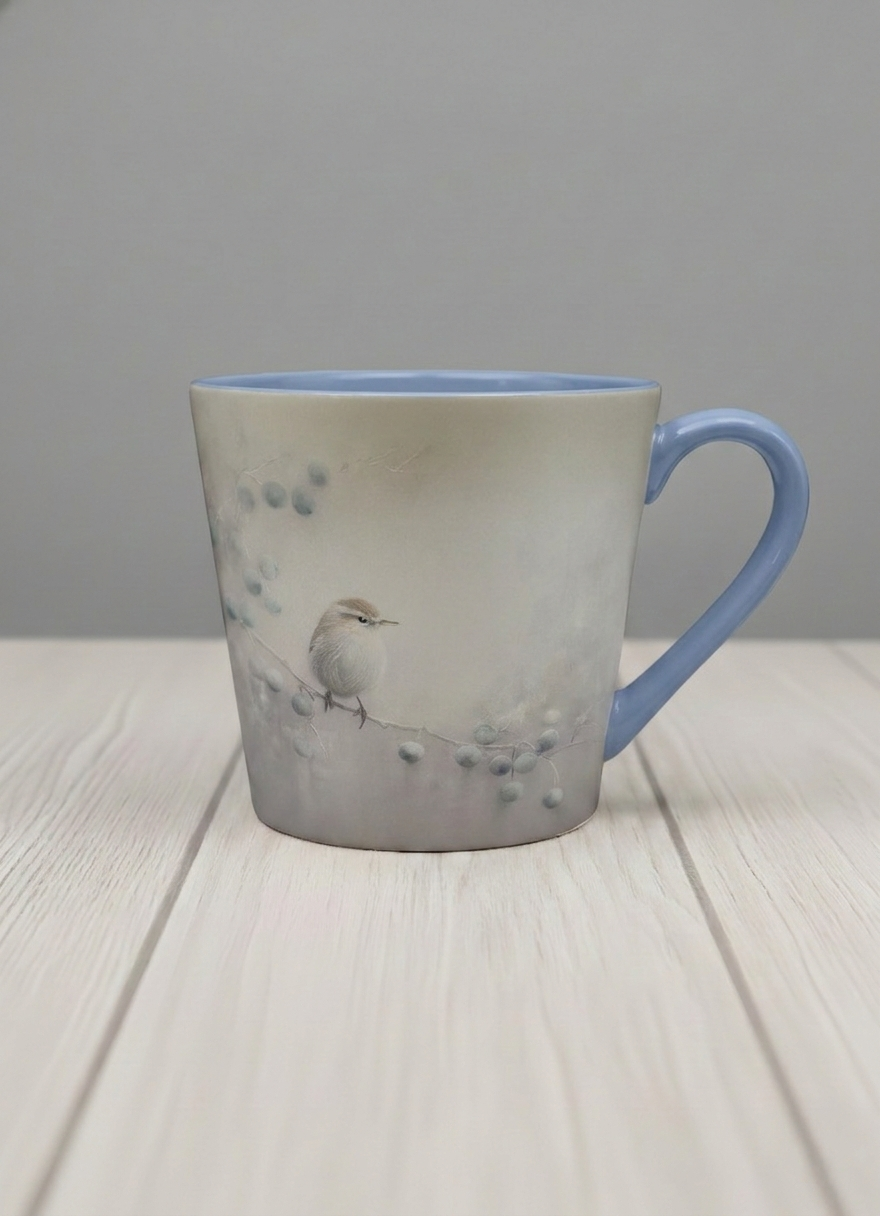 conical mug | A Quiet Moment mug,solitary bird perched in a soft misty landscape with delicate dot details, dusty blue interior and handle, by Karina Mosser - Gallery By Inhesion