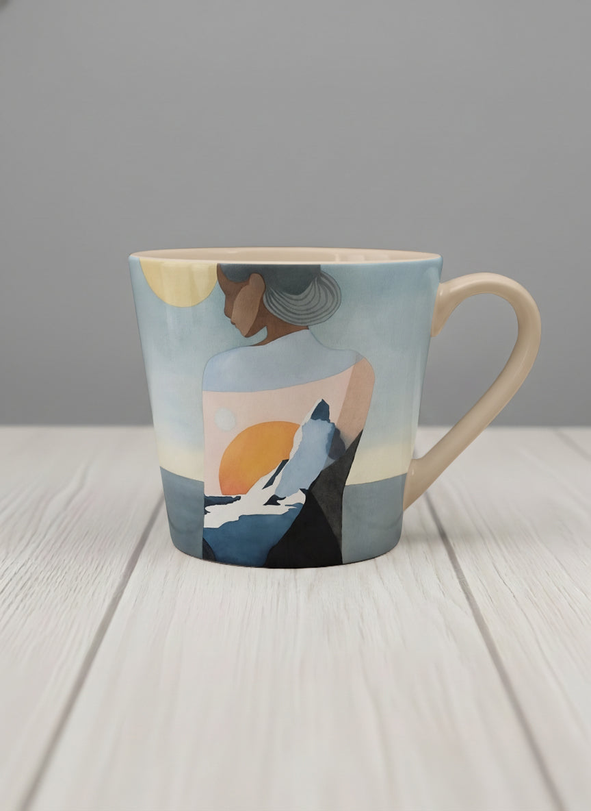 conical mug | A Mountain to Climb mug woman gazing over jagged peaks and a golden sun on teal horizon, butter yellow interior, by KikaG - Gallery By Inhesion