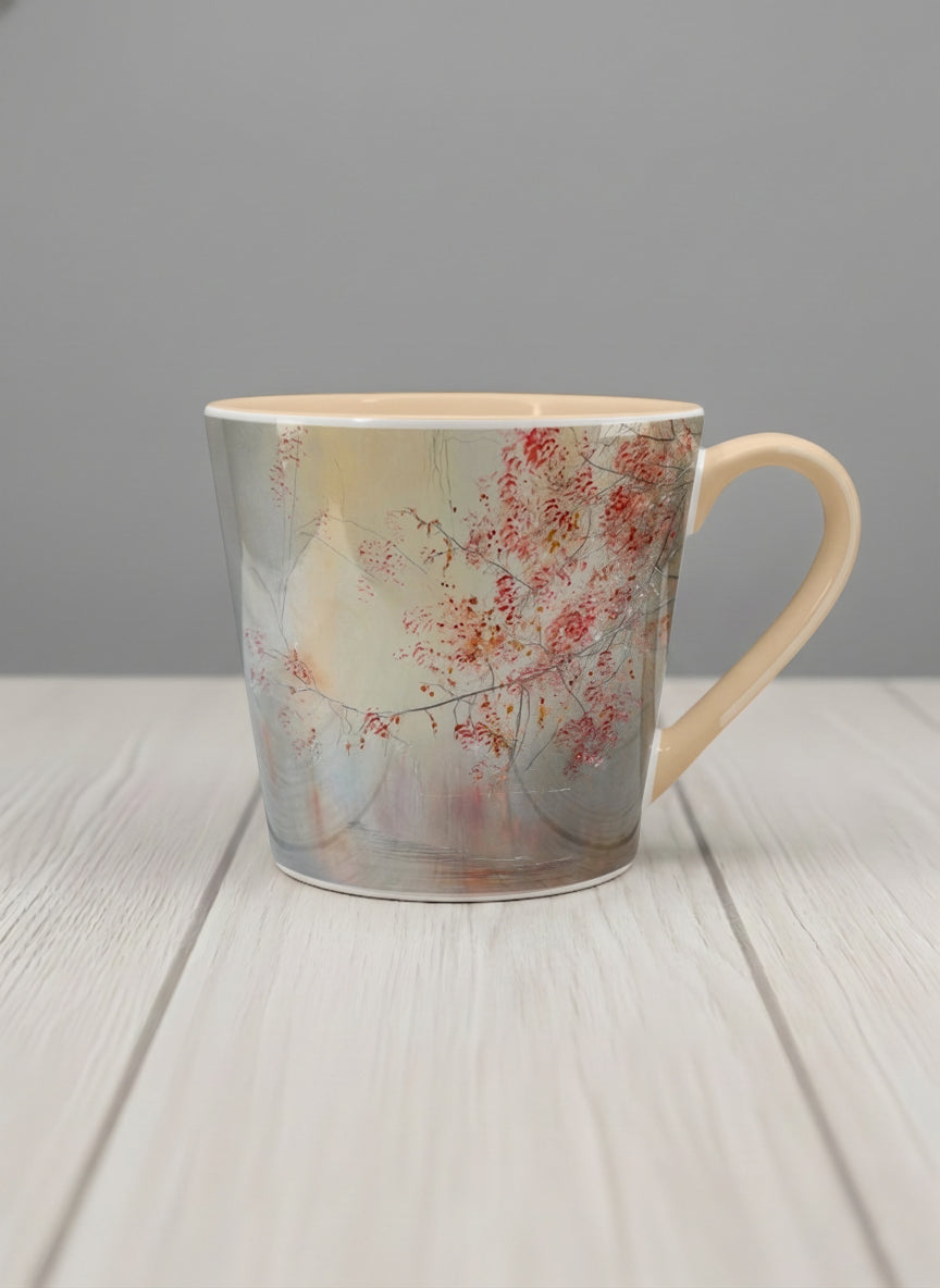conical mug | Quiet Waters mug, delicate red blossoms and fine branches drifting across a soft celadon mist, warm cream interior and handle, by Karina Mosser - Gallery By Inhesion