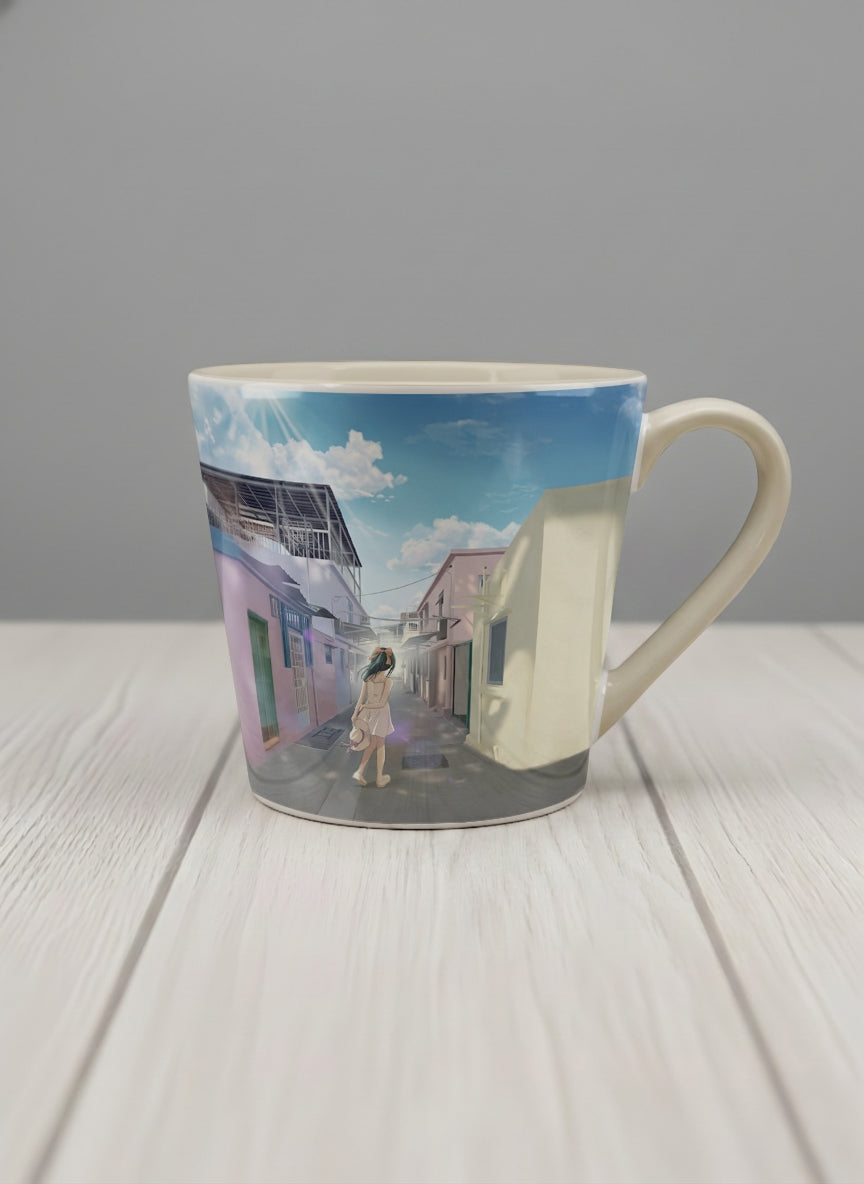 Conical Mug | The Secret Passage mug showing a colorful street scene with a girl walking in a vibrant alley by Samuel Kwok - Gallery By Inhesion