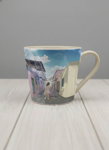 Conical Mug | The Secret Passage mug showing a colorful street scene with a girl walking in a vibrant alley by Samuel Kwok - Gallery By Inhesion