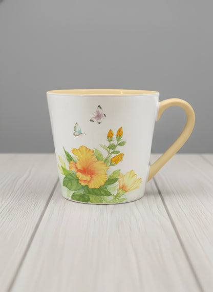 Conical Mug | Butterfly Lovers mug with watercolor butterflies and vibrant yellow/orange flowers by Alice Wong - Gallery By Inhesion