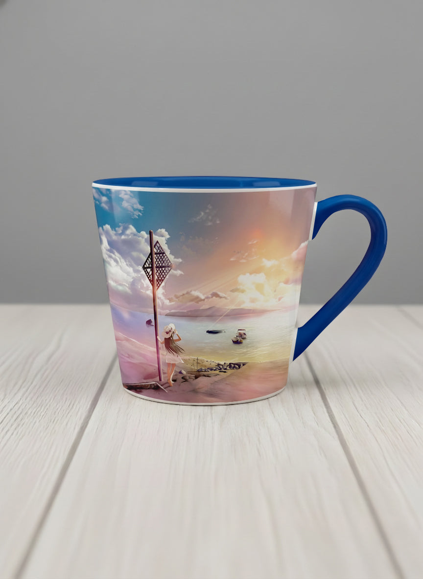 Conical Mug | The Shore of Summer Longing mug showing a scenic beach illustration with a girl and a sunset by Samuel Kwok - Gallery By Inhesion