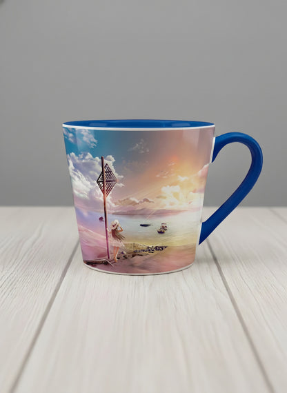 Conical Mug | The Shore of Summer Longing mug showing a scenic beach illustration with a girl and a sunset by Samuel Kwok - Gallery By Inhesion