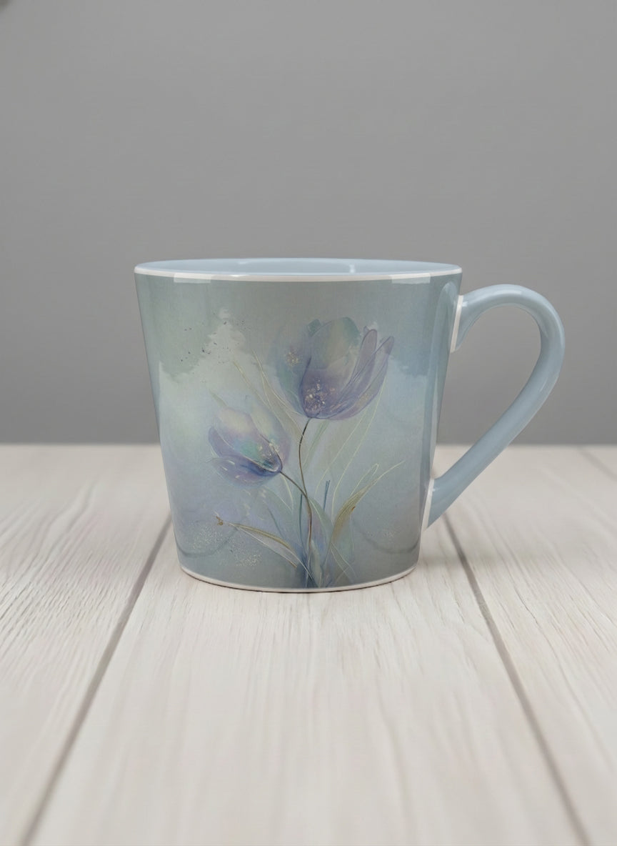 Conical mug | Glass Petals mug, a delicate translucent poppy bloom emerging from a soft misty blue-grey wash, matching powder blue interior and handle, by Karina Mosser - Gallery By Inhesion