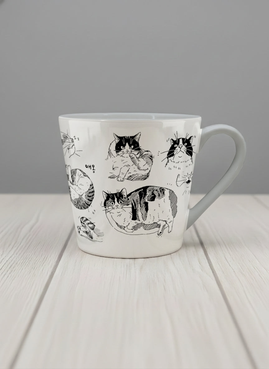 Conical mug | Moments of Curiosity mug  ink-sketched cats in playful poses with Korean script on white, grey interior, by Hyun Jung Cho