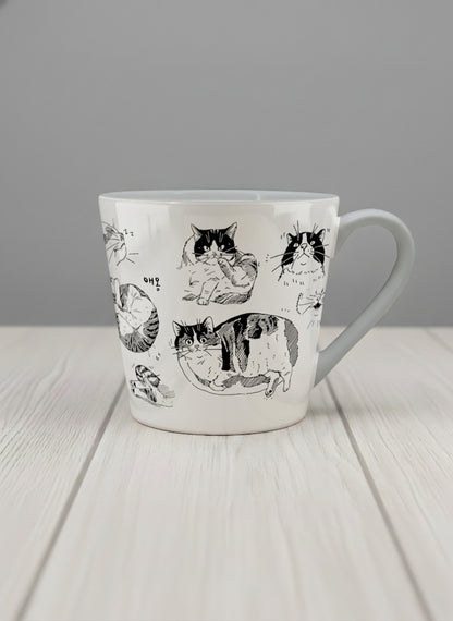 Conical mug | Moments of Curiosity mug  ink-sketched cats in playful poses with Korean script on white, grey interior, by Hyun Jung Cho