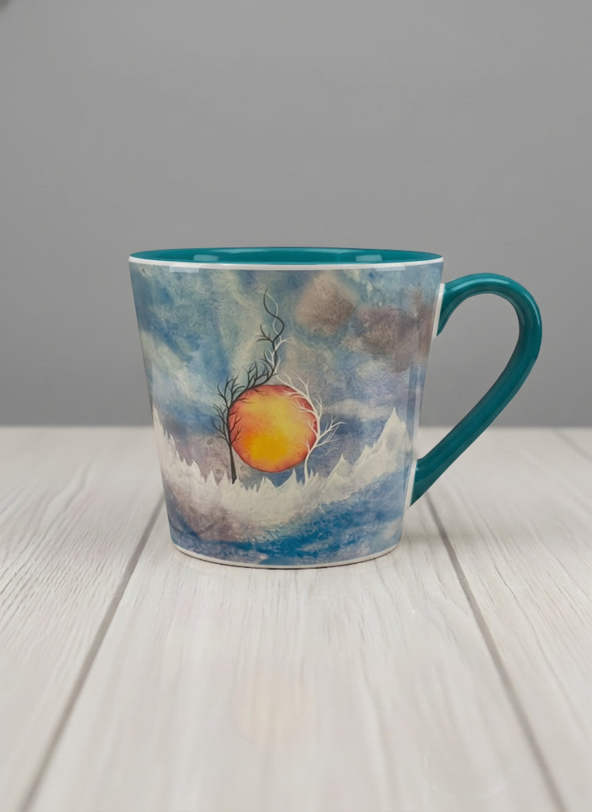 Conical Mug | Sun Rise mug with a colorful sun rise over a misty landscape and abstract trees by Renee Pupetz - Gallery By Inhesion