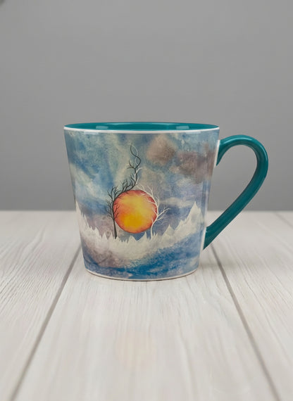 Conical Mug | Sun Rise mug with a colorful sun rise over a misty landscape and abstract trees by Renee Pupetz - Gallery By Inhesion