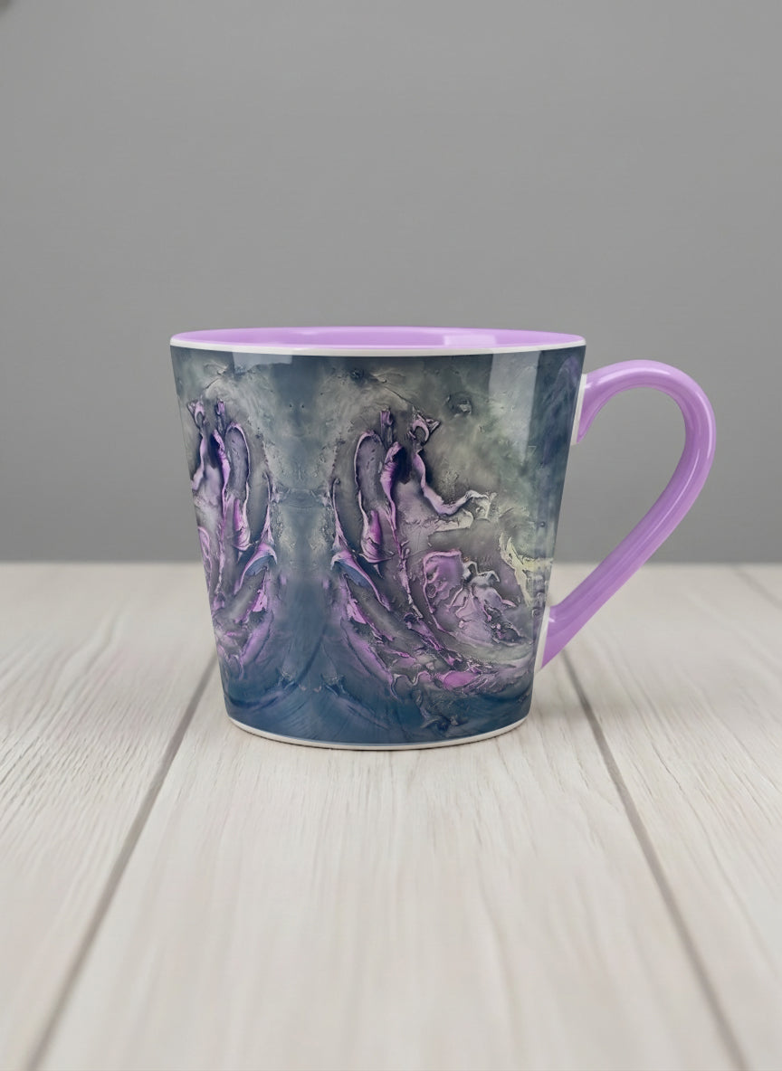 Conical Mug | Modern purple tea mug with elegant abstract floral-inspired marbling, pastel handle, and contemporary design for home or office use.