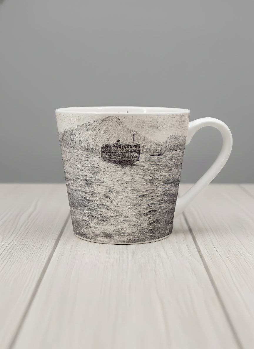 Conical Mug | Shimmering Passage mug showing a pen drawing Star Ferry in Hong Kong by Samuel Kwok - Gallery By Inhesion