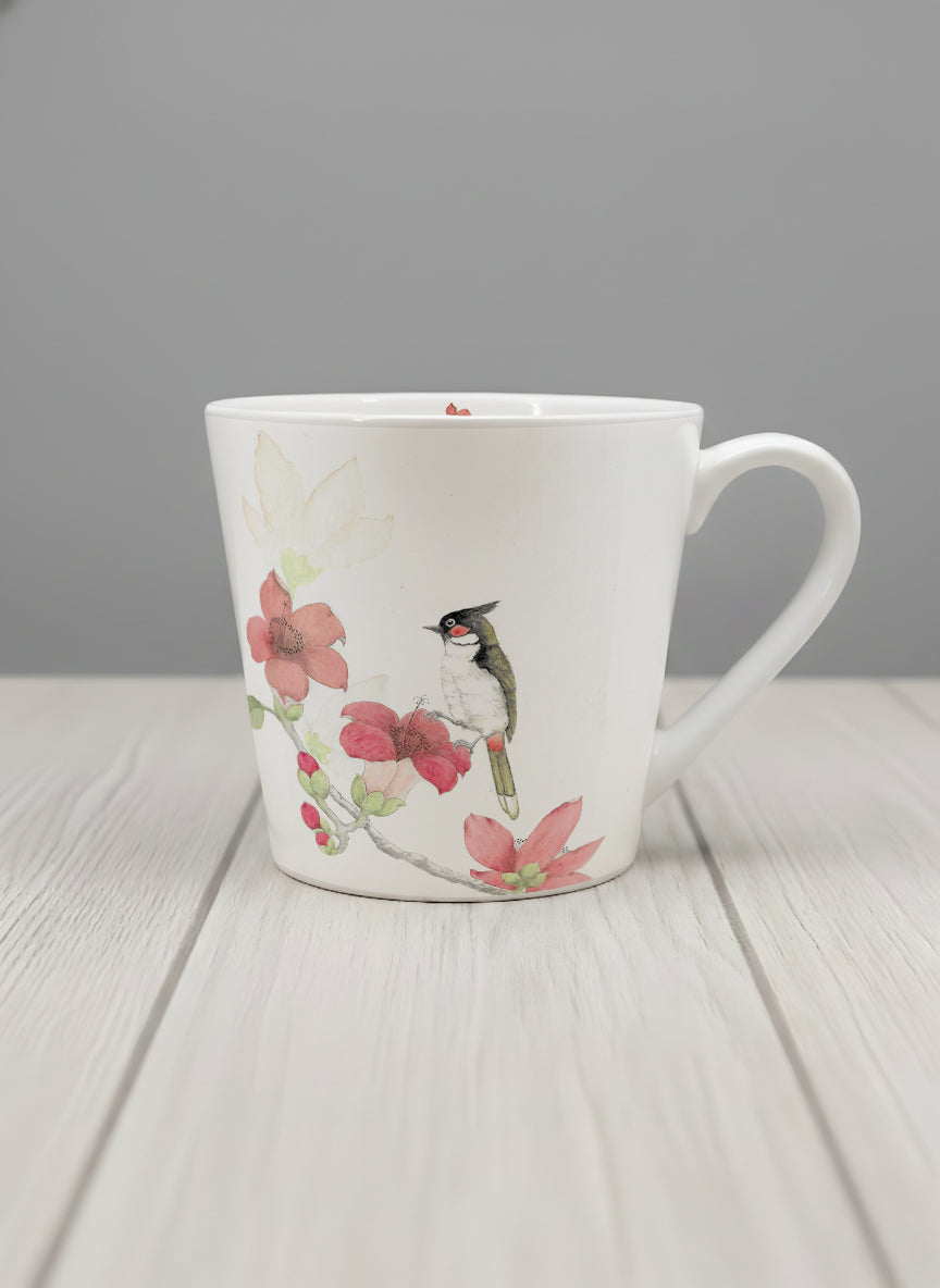 Conical Mug | The Radiance of Red Kapok mug with watercolor illustration of a red bird and pink flowers artwork by Alice Wong - Gallery By Inhesion