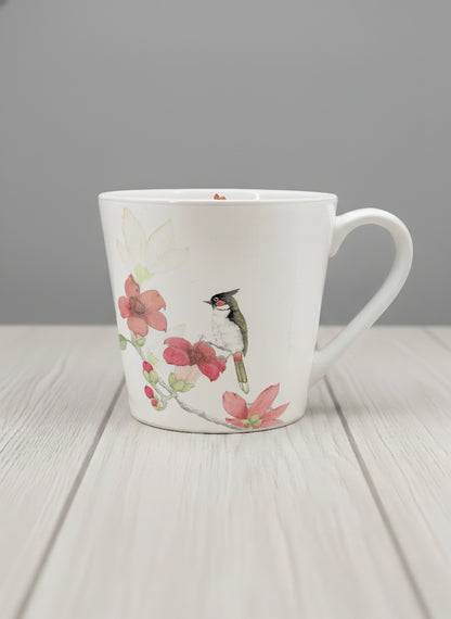 Conical Mug | The Radiance of Red Kapok mug with watercolor illustration of a red bird and pink flowers artwork by Alice Wong - Gallery By Inhesion