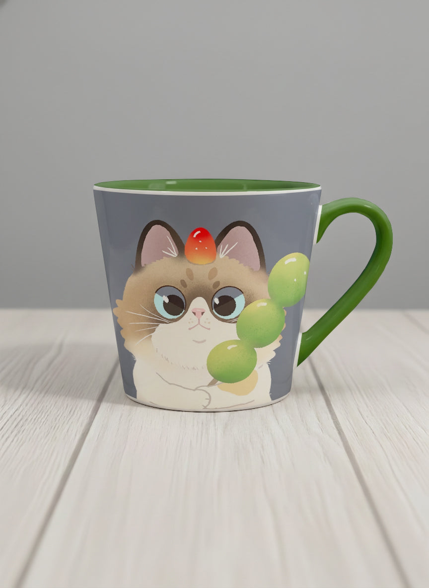 Conical Mug | My Shiny Treat mug grumpy fluffy cat clutching green grapes, tiny red mushroom hat, slate blue background, green interior, by Hyun Jung Cho