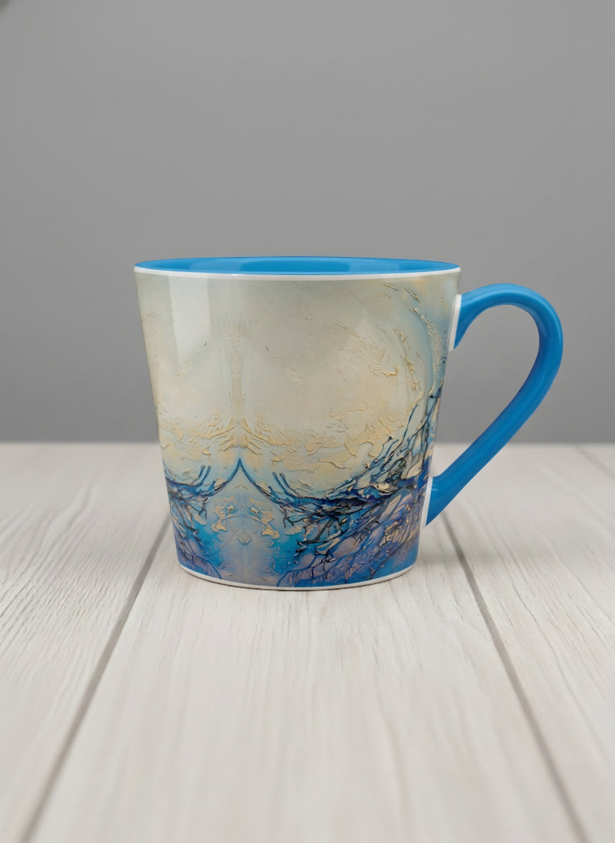 Conical Mug | Touches of depth mug showing abstract pattern in blue, white, and gold by Mersedes Mein - Gallery By Inhesion
