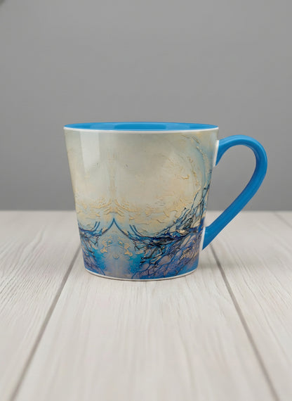 Conical Mug | Touches of depth mug showing abstract pattern in blue, white, and gold by Mersedes Mein - Gallery By Inhesion