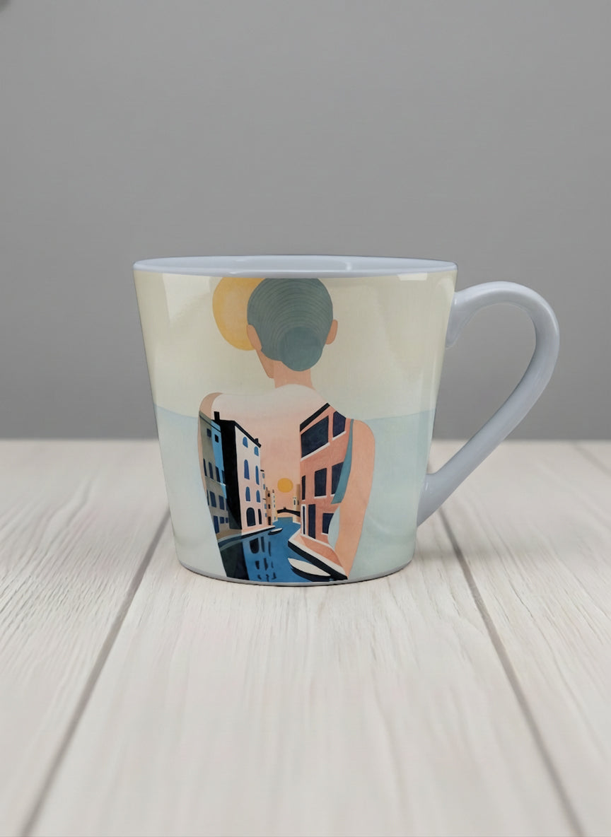 Conical mug | Memory on the Bridge mug a solitary figure gazing over a sunlit Venetian canal lined with terracotta buildings, soft powder blue interior and handle, by KikaG - Gallery By Inhesion