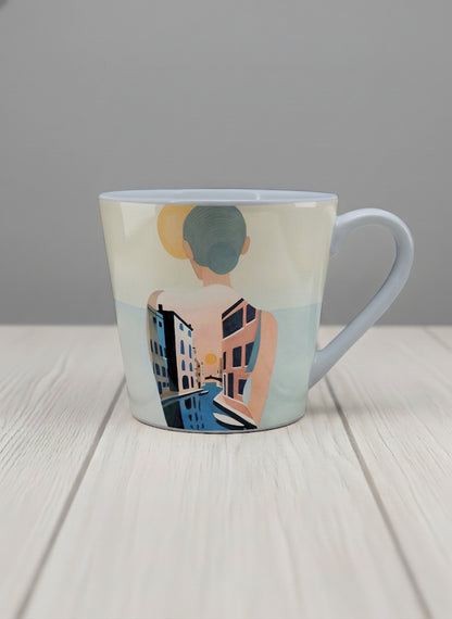 Conical mug | Memory on the Bridge mug a solitary figure gazing over a sunlit Venetian canal lined with terracotta buildings, soft powder blue interior and handle, by KikaG - Gallery By Inhesion