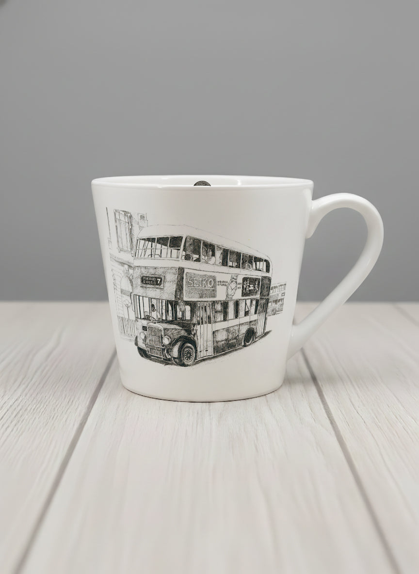 Conical Mug | Lines of the Past mug showing a pen drawing bus in Hong Kong by Samuel Kwok - Gallery By Inhesion