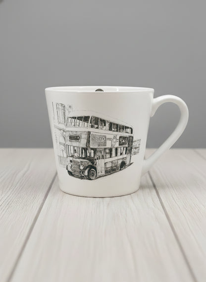 Conical Mug | Lines of the Past mug showing a pen drawing bus in Hong Kong by Samuel Kwok - Gallery By Inhesion