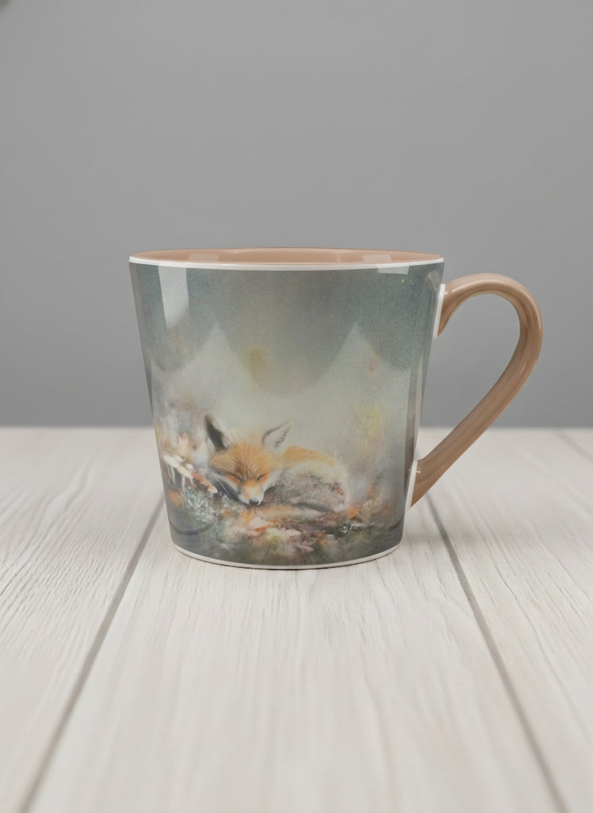 Conical mug | Lullaby mug, sleeping fox curled in a soft misty meadow, warm terracotta interior and handle, by Karina Mosser - Gallery By Inhesion