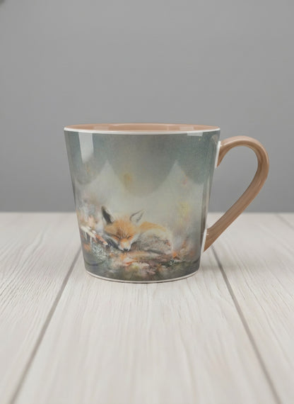 Conical mug | Lullaby mug, sleeping fox curled in a soft misty meadow, warm terracotta interior and handle, by Karina Mosser - Gallery By Inhesion