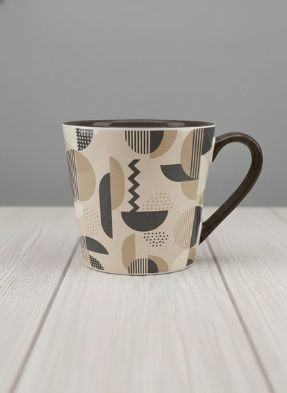 Conical Mug | Parallel Dune Echo mug, beige and charcoal geometric shapes with dots and stripes, dark interior and handle, by Alan CL Lee - Gallery By Inhesion