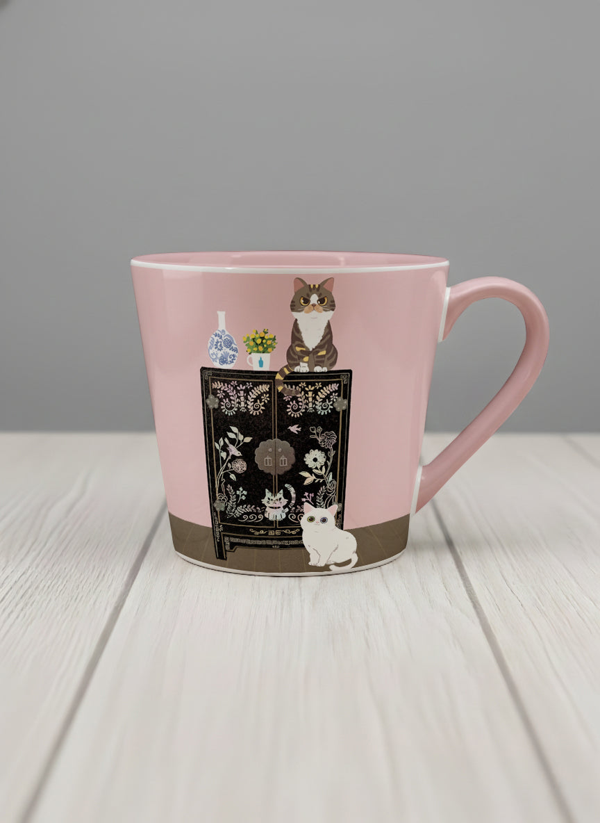 Conical Mug | Korean Beauty & Felines mug cats by ornate black lacquer cabinet with floral carvings, blush pink interior, by Hyun Jung Cho