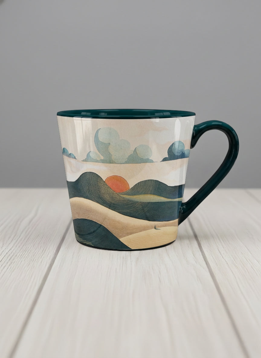 Conical mug | Share a Sunset mug a lone figure walking through rolling sand dunes beneath a glowing orange sun and layered teal clouds, deep teal interior and handle, by KikaG - Gallery By Inhesion