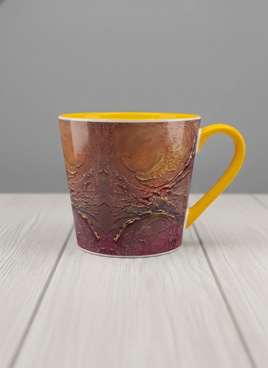 Conical Mug | Fiery Arabesque mug showing abstract marbled pattern in earthy brown, red, and gold tones by Mersedes Mein - Gallery By Inhesion
