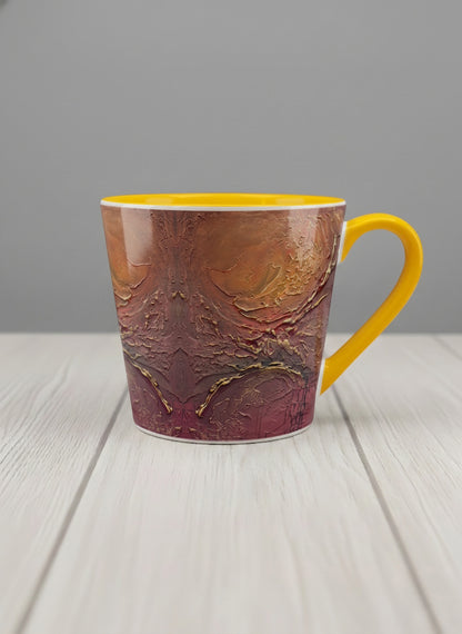 Conical Mug | Fiery Arabesque mug showing abstract marbled pattern in earthy brown, red, and gold tones by Mersedes Mein - Gallery By Inhesion