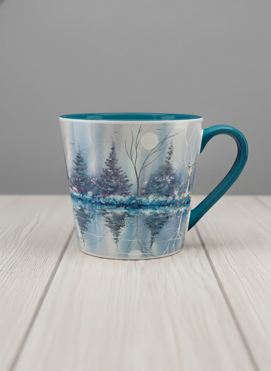 Conical Mug | Winter Reflections on a Frosted Slope mug showing a serene landscape with trees, water, and a moon design by Renee Pupetz - Gallery By Inhesion