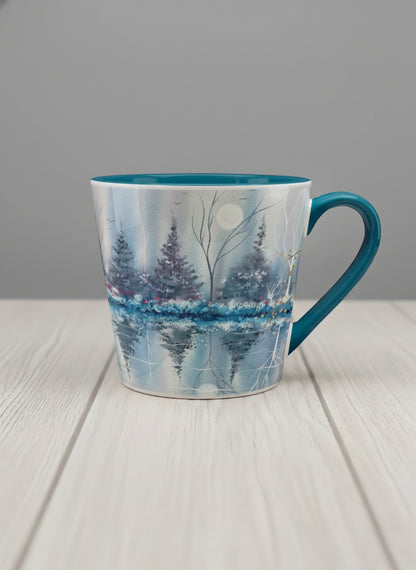 Conical Mug | Winter Reflections on a Frosted Slope mug showing a serene landscape with trees, water, and a moon design by Renee Pupetz - Gallery By Inhesion