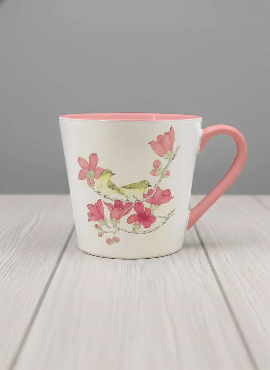 Conical Mug | Forever Love mug with watercolor birds on branch with pink flowers by Alice Wong - Gallery By Inhesion