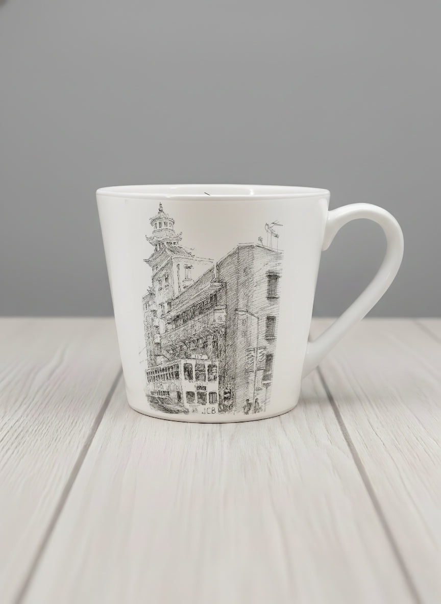 Conical Mug | Tramway Through Time mug showing a sketch of streets and tram in Hong Kong by Samuel Kwok - Gallery By Inhesion
